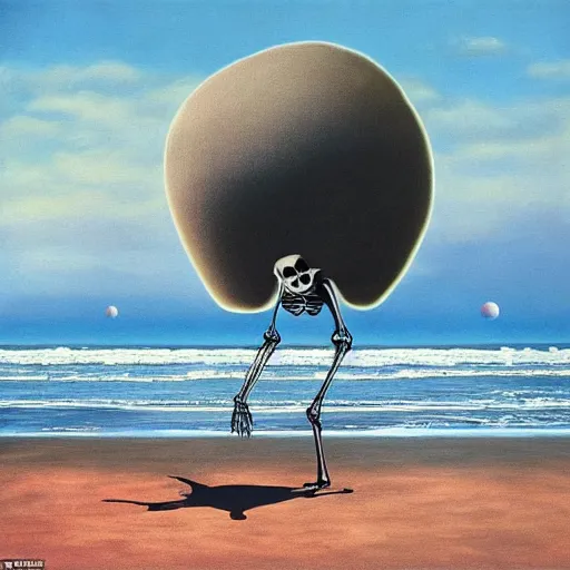 Prompt: a skeleton walking on a beach next to the ocean, nuclear bomb explosion in the background, a surrealist painting by Storm Thorgerson, featured on cg society, nuclear art, surrealist, apocalypse landscape, chillwave