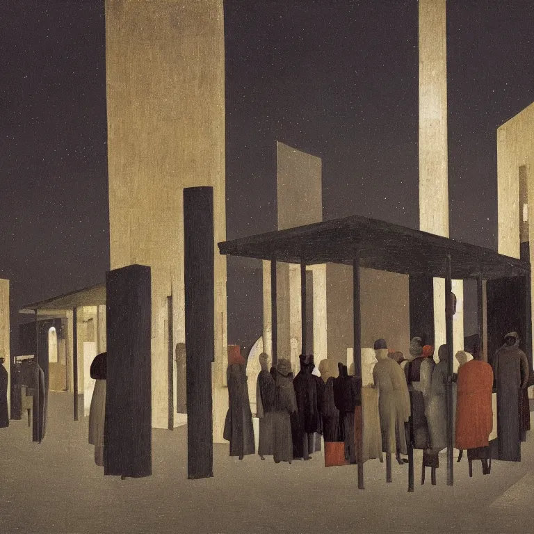 Image similar to a some people waiting in a lone bus stop in quiet dark city night Painting by Piero della Francesca, Morandi, Yves Tanguy, high quality, high resolution,detailed