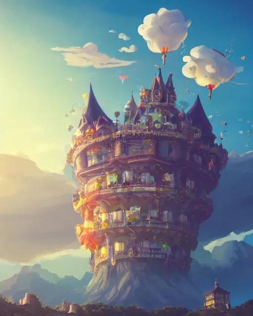 Image similar to flying cloud castle, buildings, baloons, machines, bright, blue sky, mountains, colorful, cinematic lighting, fantasy, high detail, illustration, masterpiece, artstation, 4 k, art by wylie beckert and jana schirmer