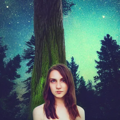 Image similar to an hd photo of a young woman with short wavy brown hair and green eyes, beautiful trees in the background, night sky with stars and galaxies, trending on artstation