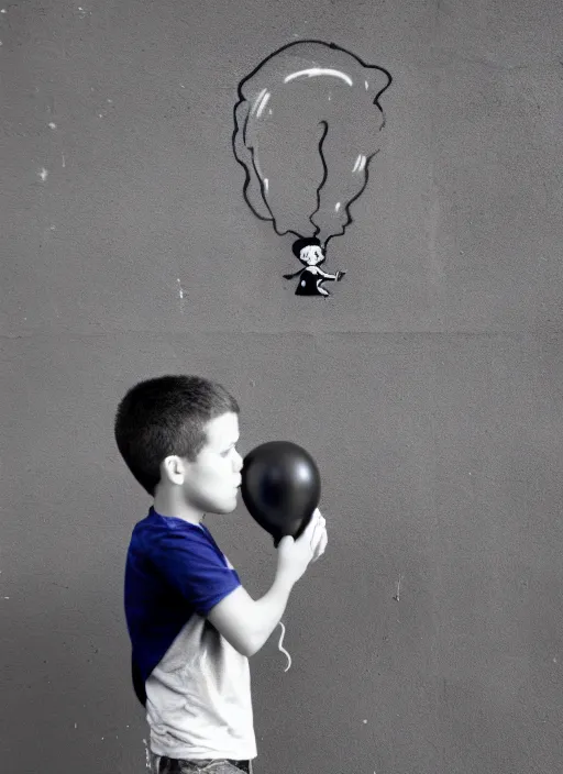 Image similar to A black and white graffiti of boy holding a single graffiti dark blue balloon on a concrete background in the style of Banksy, graffiti, digital art