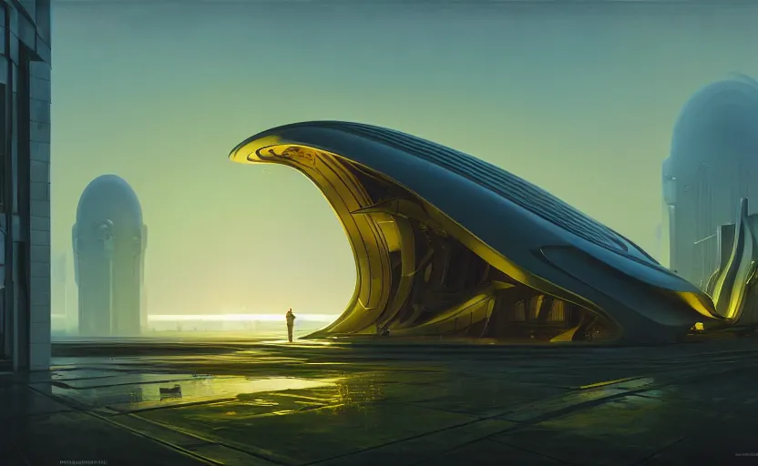 Image similar to exterior shot of utopian architecture laboratory with cinematic lighting by zaha hadid and renzo piano, darek zabrocki and greg ruthkowski, alphonse mucha, simon stalenhag, cinematic, scifi, futurism, atmospheric, sunset, concept art, artstation, trending on artstation