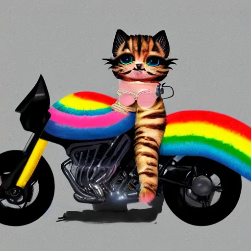 Image similar to wide angle full body, jacket wearing fluffy cute rainbow kitten wearing a black leather motorcycle jacket, riding on a motorcycle, cinematic concept art