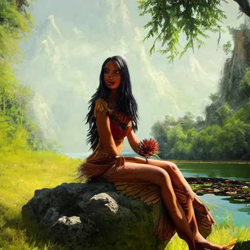 Image similar to Harpy, wearing Inka clothes, sitting at a pond, mountainous area, trees in the background, oil painting, by Fernanda Suarez and Greg Rutkowski