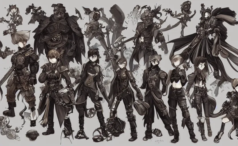 Prompt: roster concept drawing for a steampunk fantasy tactical rpg, anime realism style, characters and weapons, artwork by ross tran