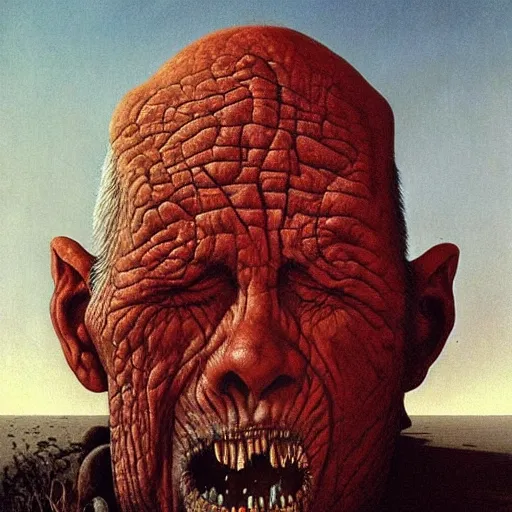 Image similar to a man eating his own face, painted by zdzislaw beksinski