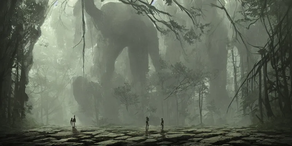 Image similar to An enormous stone golem walks through a tranquil and serene forest, digital art by Greg Rutkowski and Studio Ghibli