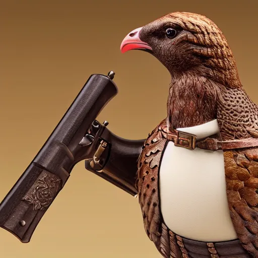 Image similar to a 3 d model of a grouse holding a blunderbuss, studio lighting, octane render, hyper detailed, product photography, 8 k, highly detailed