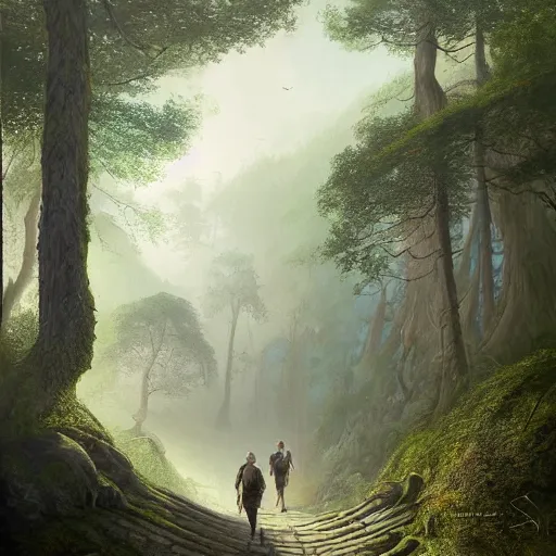 Prompt: a painting of a person walking up a set of stairs in a forest, a detailed matte painting by michael james smith, cgsociety, fantasy art, matte painting, cryengine, vray