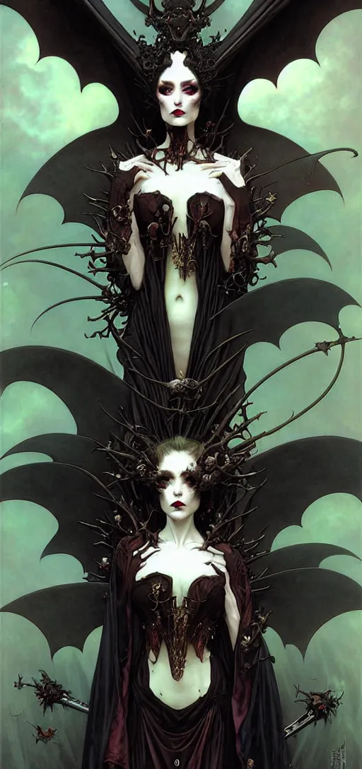 Image similar to close up painting a beautiful vampire queen in gothic robes with bat wings, by nekro, peter mohrbacher, alphonse mucha, brian froud, yoshitaka amano, kim keever, victo ngai, james jean