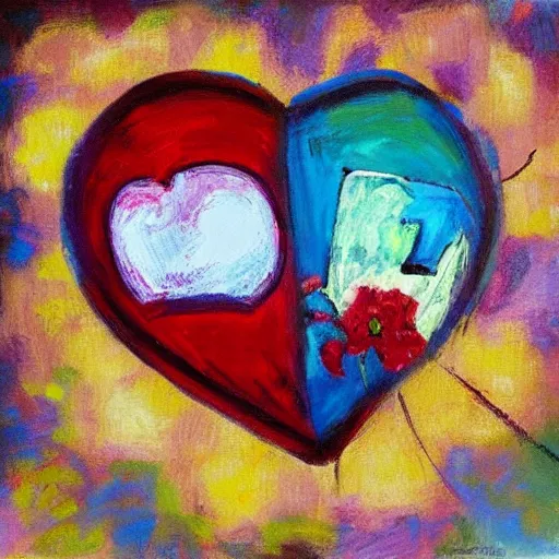 Image similar to beautiful impressionist painting of companion cube heart on side