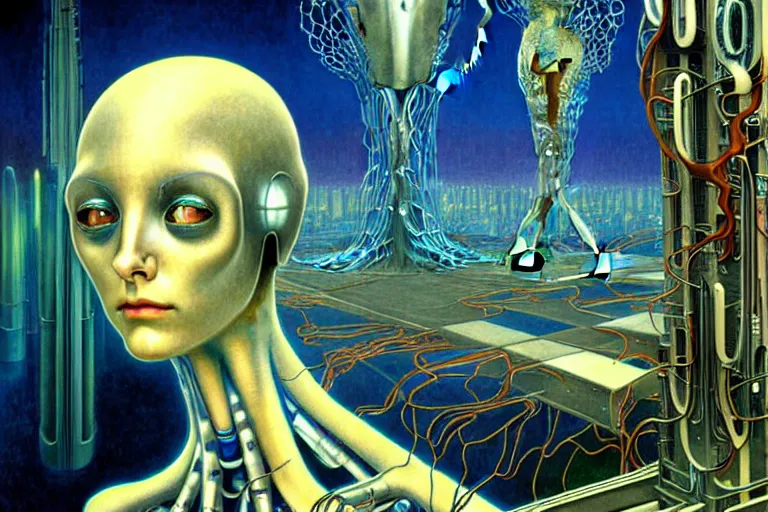 Prompt: realistic extremely detailed portrait closeup painting of a ghost woman with supercomputer robot, futuristic sci-fi city on background by Jean Delville, Amano, Yves Tanguy, Alphonse Mucha, Ernst Haeckel, Edward Robert Hughes, Roger Dean, rich moody colours, blue eyes