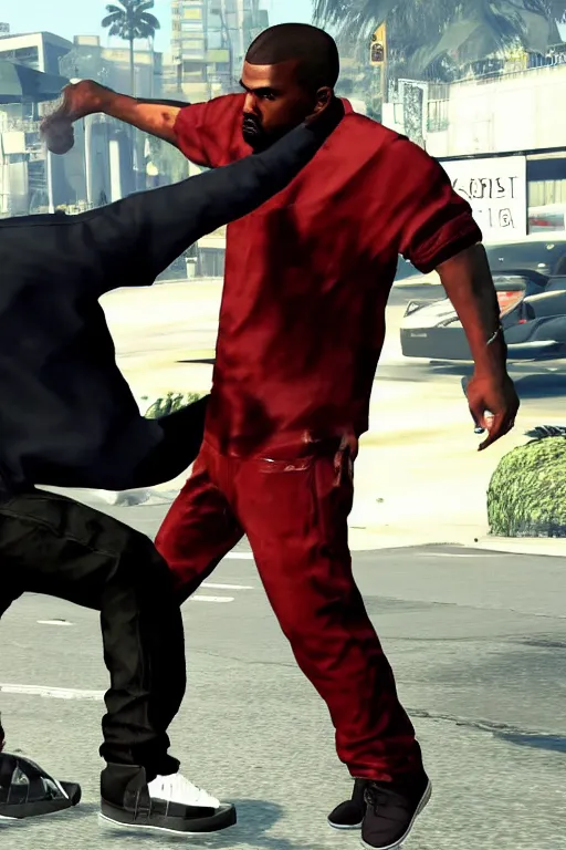 Prompt: kanye west having a fistfight with lester crest from gta v, lester crest, lester from gta v, gta lester, gameplay, grand theft auto v, strong dramatic cinematic lighting, blood red sky, smooth, sharp focus, extremely detailed