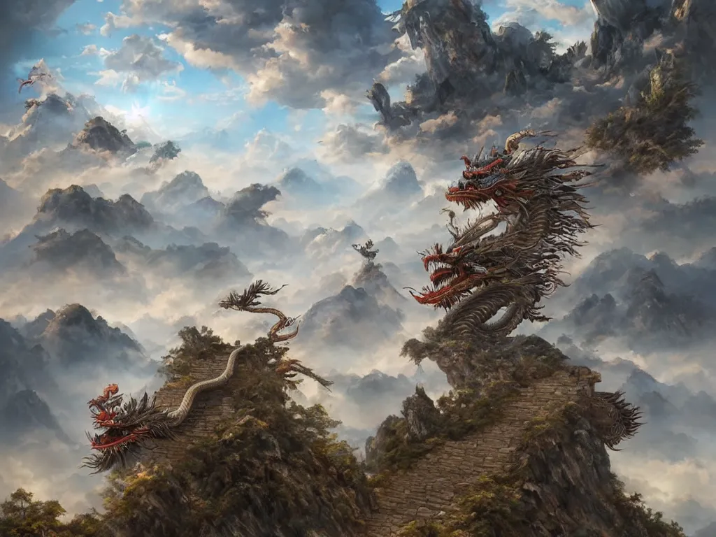 Image similar to a chinese dragon flies among the clouds over a mountain. below a shinto gate tops a stone stairway. by peter mohrbacher and dan mumford and nekro, cgsociety, volumetric light, 3 d render