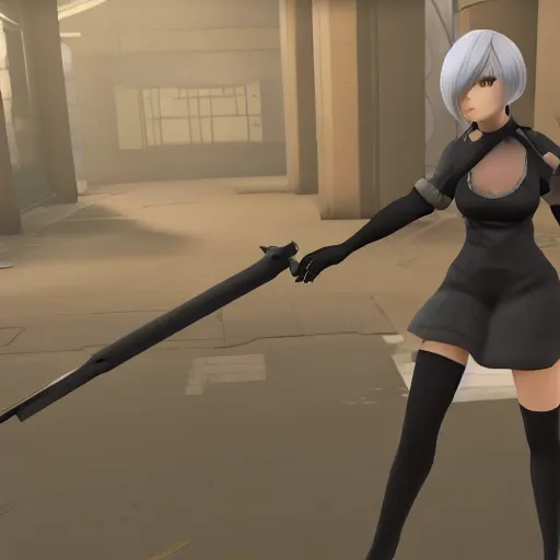 Image similar to 2B nier automata in Team fortress 2, 4k screenshot of Team fortress 2 gameplay, 8k hdr showcase