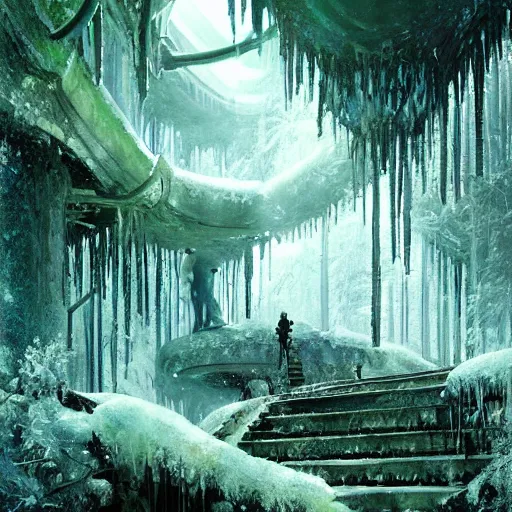 Image similar to stairs leading to a frozen derelict portal in a middle of a snowy lush futuristic forest, green lush world seen only through a portal, daylight, cinematic lighting, blue sky, syd mead, john harris