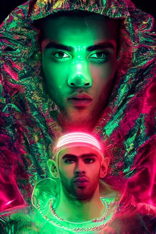Image similar to hyper detailed ultra sharp portrait of baroque and bladerunner delicate neon ruby sculpture of seductive albino zayn malik gorilla green radioactive humanoid deity wearing metallic hoody made out of leaves holding the sun prismatic dungeon, glowing rainbow face, crown of white diamonds, cinematic lighting, photorealistic, octane render 8 k depth of field 3 d