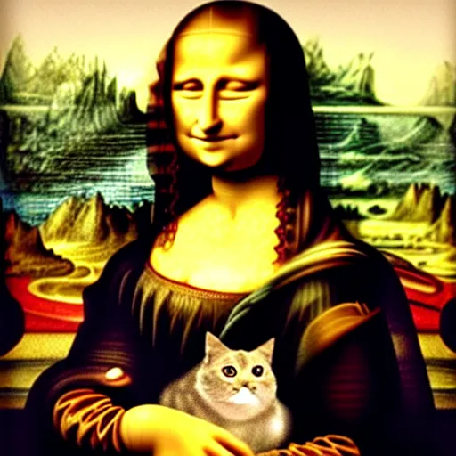 Prompt: the mona lisa with a cat for a face