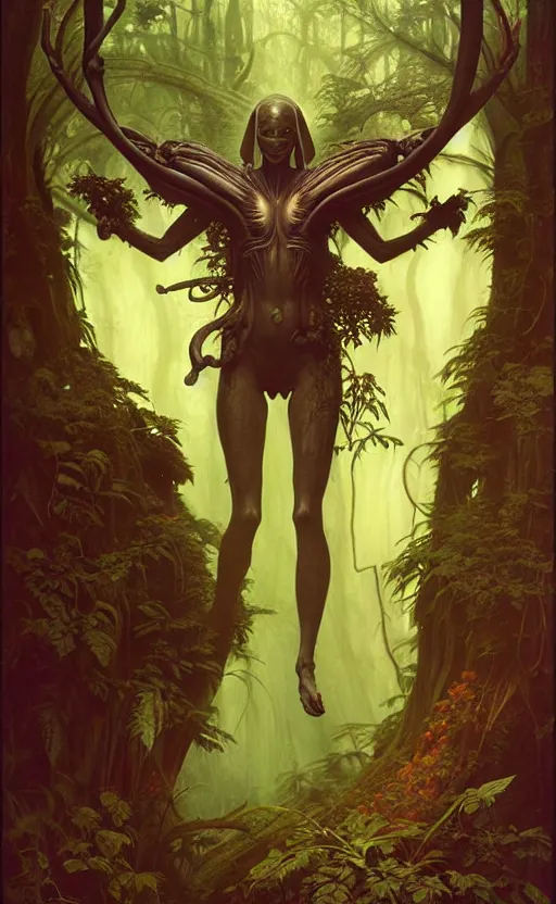 Image similar to alien magic creature poster art, humanoid, lush forest, movie art, by lucusfilm, weta studio, tom bagshaw, james jean, frank frazetta alphonso mucha, norman rockwell, 8 k, denoised