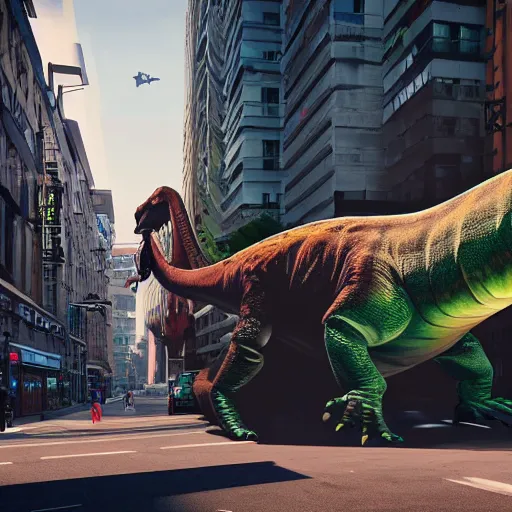 Prompt: A dinosaur emerging out of an giant street art work on a busy street, unreal engine, octane render