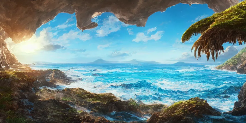 Prompt: a coastal landscape under a sunny blue sky with ocean in the foreground, hyper detailed, digital art, trending in artstation, cinematic lighting, studio quality, smooth render, unreal engine