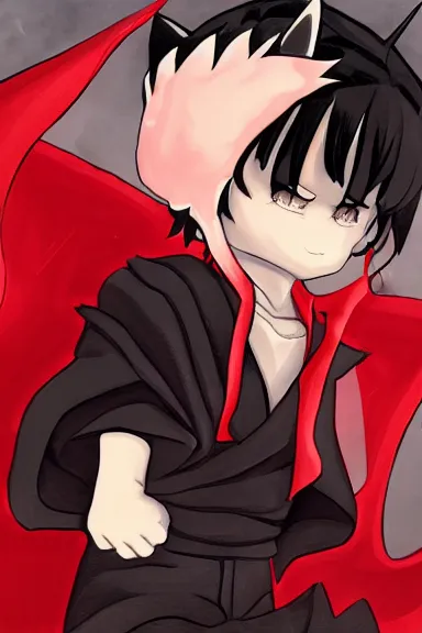 Image similar to little boy with cat ears in an black outfit with red cape. digital artwork made by lois van baarle and kentaro miura, sharpness focus, inspired by hirohiko araki, anatomically correct, heroic composition, hero pose, smooth, noir city