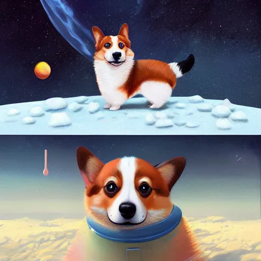 Prompt: cute corgi puppy in outer space, hyperrealistic, extremely detailed digital painting, simon stalenhag, award - winning, masterpiece, trending on artstation, 8 k