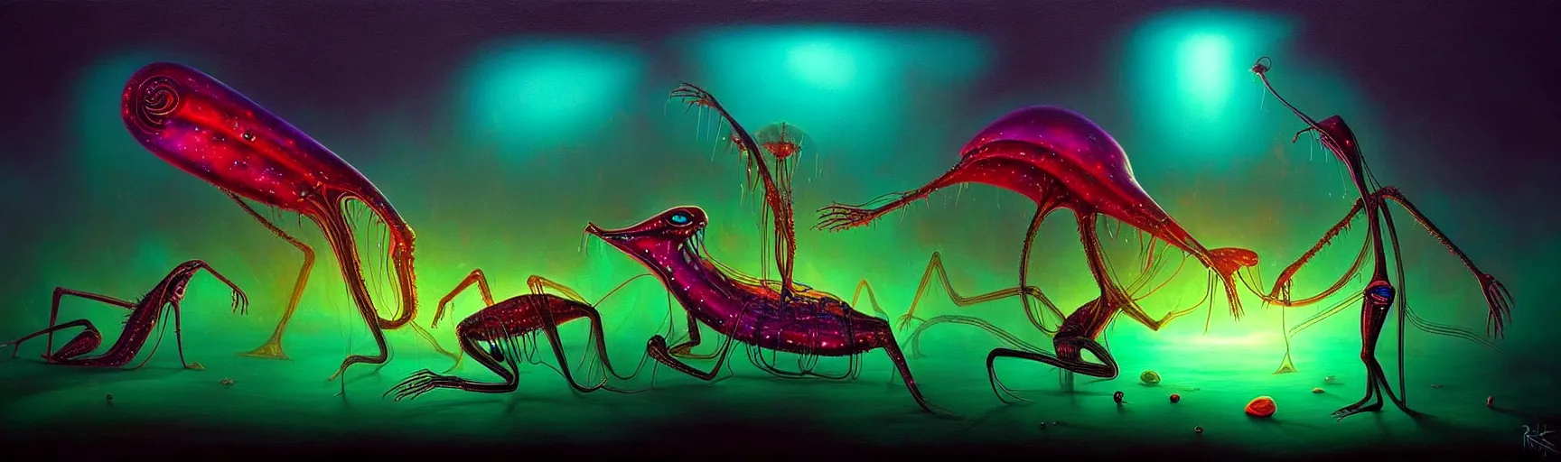 Image similar to strange alien plankton creatures from the depths of the collective unconscious, dramatic lighting, surreal darkly colorful painting by ronny khalil