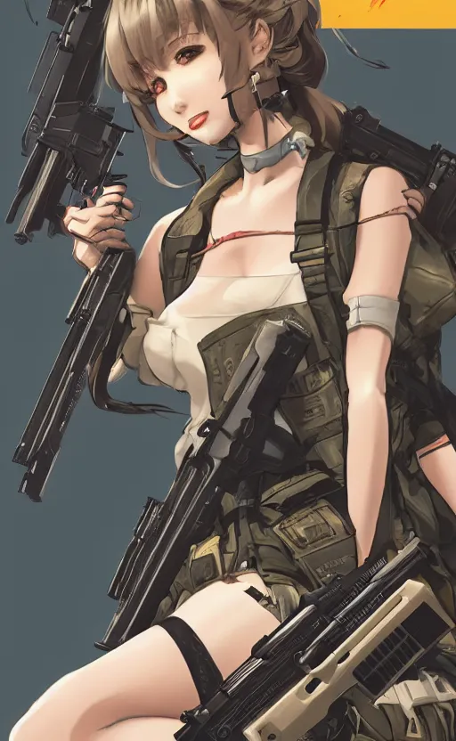 Prompt: girl, trading card art, gun, girls frontline, matte, 150mm, illustration, artstation, by akio watanabe, metal gear visuals