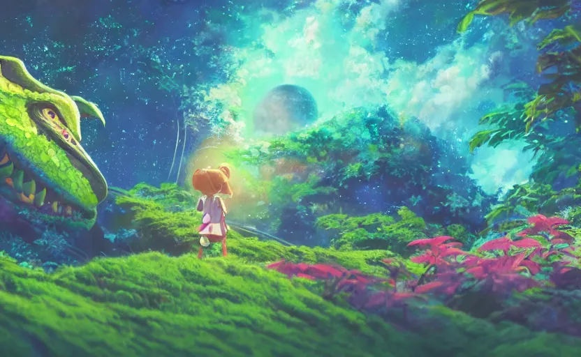 Image similar to a still of a cute adorable tiny astronaut, on a planet of lush colorful foliage, with an enormous kaiju dragon surrounding the full background, magical forest, sharp focus, neon backlit, highly detailed, disney pixar studio ghibli makoto shinkai, digital painting, matte, octane render, global illumination, iridescent, anime, 8 k concept art