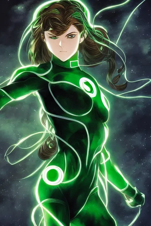 Image similar to anime key visual of a beautiful young female green lantern!! intricate, green and black suit, glowing, powers, dc comics, cinematic, stunning, highly detailed, digital painting, artstation, smooth, hard focus, illustration, art by artgerm and greg rutkowski and alphonse mucha