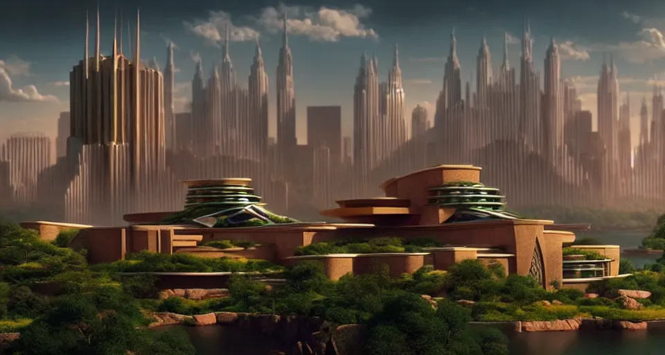 Prompt: An incredibly beautiful establishing shot from a 2020 film featuring utopian fantasy city designed by Frank Lloyd Wright. Very detailed, photorealistic effects.