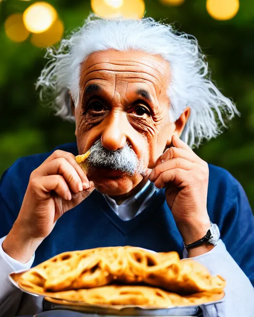 Image similar to A photo of Albert Einstein eating Samosa, highly detailed, trending on artstation, bokeh, 90mm, f/1.4