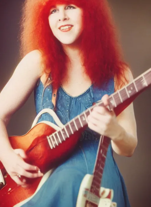 Image similar to dslr portrait photo still of 2 4 year old stevie nicks at age 2 4 with red hair playing a guitar, 8 5 mm, f 1. 8