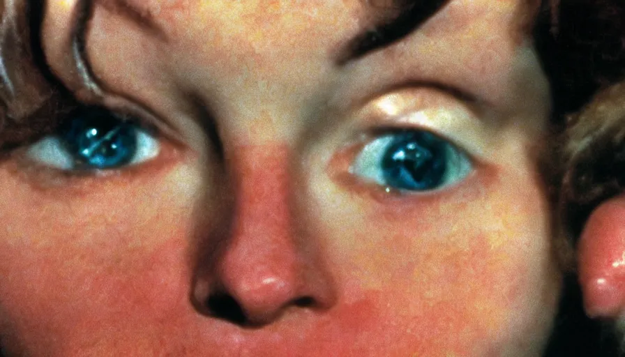 Image similar to 7 0 s film still from a horror movie of a young adult with toenails for eyelids, kodachrome, cinecolor, cinestill, photorealism, cinematic, film grain, film texture, vhs recording