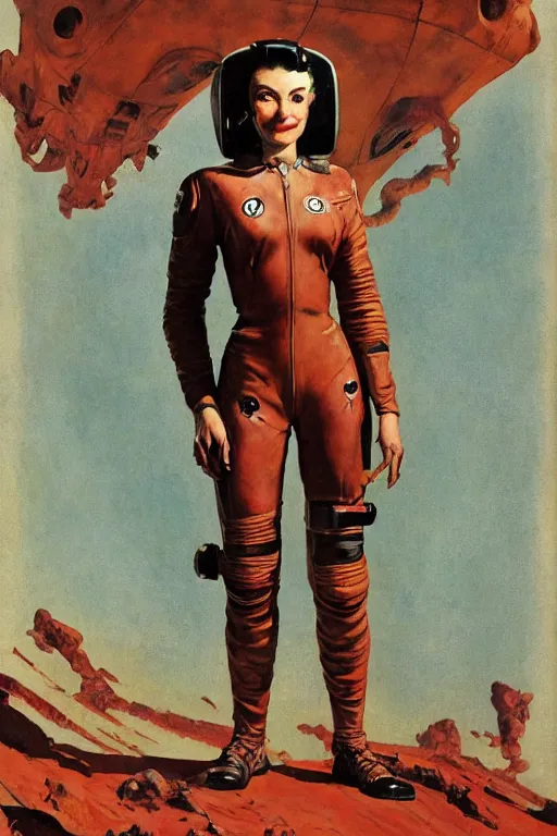 Prompt: 5 0 s pulp scifi fantasy illustration full body portrait slim mature woman in leather spacesuit on mars, by norman rockwell, roberto ferri, daniel gerhartz, edd cartier, jack kirby, howard v brown, ruan jia, tom lovell, frank r paul, jacob collins, dean cornwell, astounding stories, amazing, fantasy, other worlds