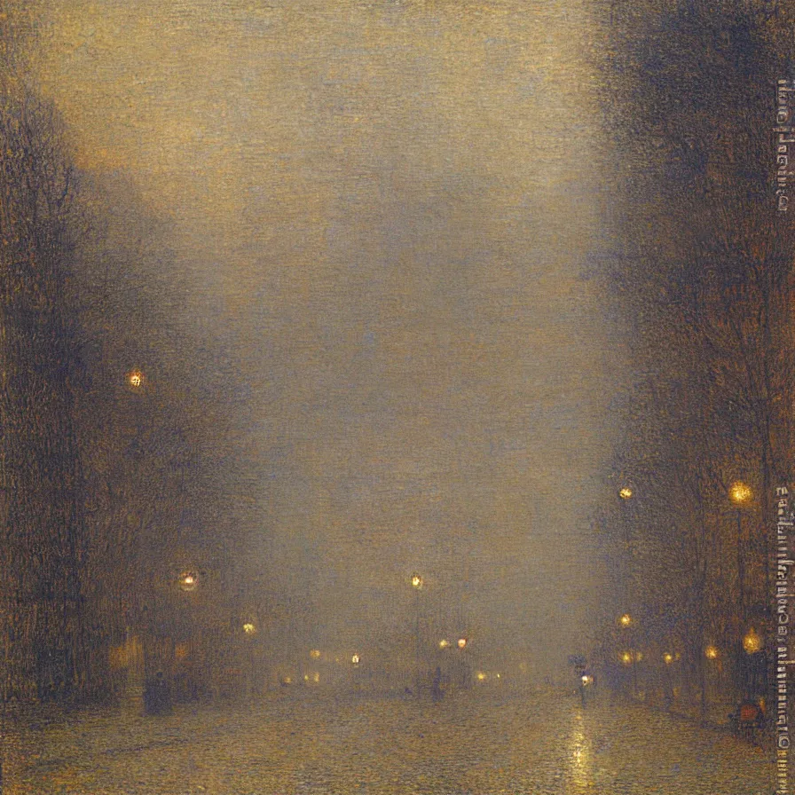 Prompt: artwork about the infinite road ahead, by henri le sidaner. atmospheric ambiance. depth of field and tridimensional perspective. foggy.