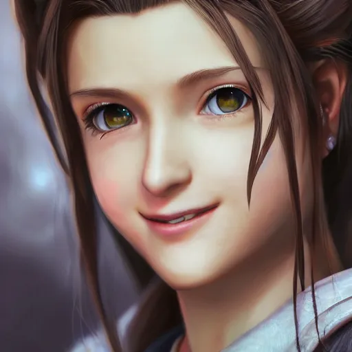 Image similar to portrait of aerith from final fantasy vii smiling, matte painting, ultra realistic, highly detailed, sharp focus, cinematic lighting, mood lighting, realistic, vivid colors, painting, photorealistic, digital art, non blurry, sharp, smooth, illustration
