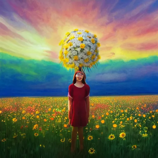 Image similar to full body daisy flower head, girl standing in a flower field, head hidden behind the huge daisy flower, surreal photography, sunrise, dramatic light, impressionist painting, colorful clouds, digital painting, artstation, simon stalenhag