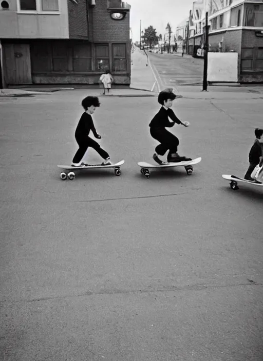 Image similar to 1 9 5 0 s kids skateboarding in the street by vivian maier. professional photography.