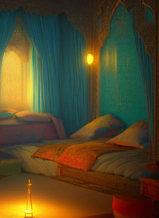 Image similar to beautiful interior of an arabian nights bedchamber, orientalism style, delphin enjolras, goro fujita, makoto shinkai, volumetric lighting, exquisite lighting, octane render, trending on artstation