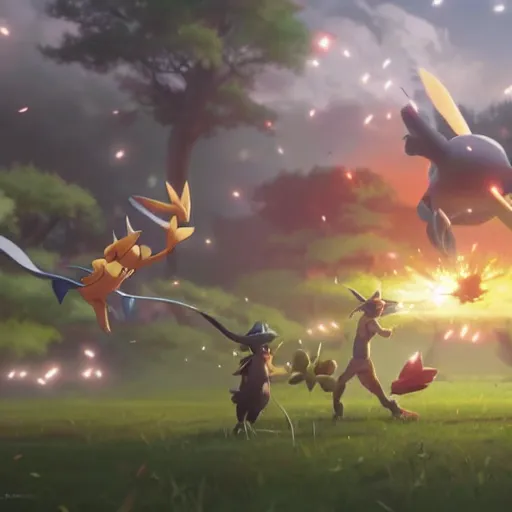 Image similar to pokemon battle by greg rutkowski cinematic cgi