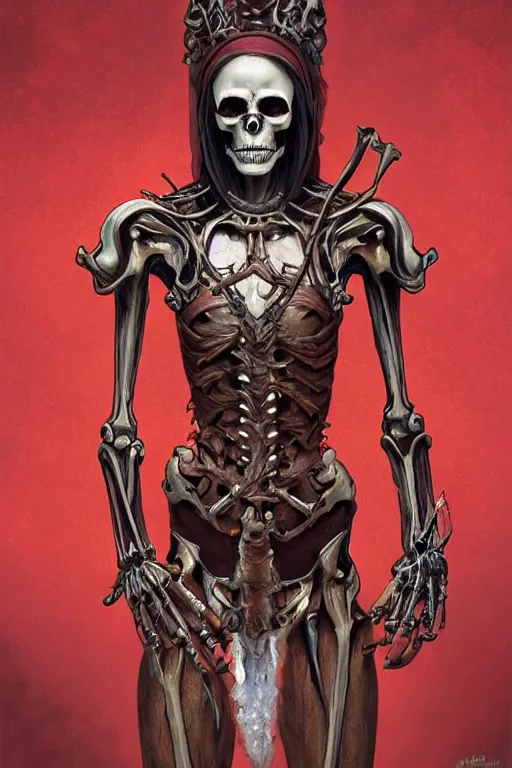 Image similar to Portrait of an anthropomorphic skeleton-woman warrior necromancer with red hands, cinematic lighting, intricate, rugged, ormal hands, normal legs, highly detailed, digital painting, artstation, smooth, sharp focus, illustration, art by artgerm and greg rutkowski and alphonse mucha and Wayne Barlowe and william-adolphe bouguereau