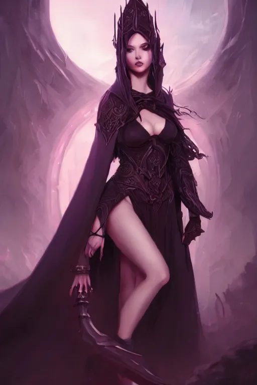 Prompt: Fantasy portrait, Necromancer, female, beautiful face, dark garments, dark pruple robes, midriff, Black cloak from neck to ankles, pin-up, derriere, matte painting, by WLOP, artstation