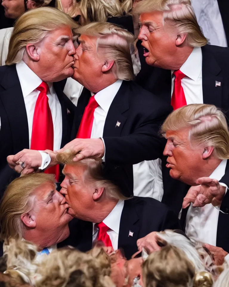 Image similar to high quality photo of a beautiful donald trump kissing donald trump. donald trump kissing donald trump. donald trump kissing donald trump. donald trump and donald trump kissing. award winning. romantic. beautiful hq. hd. brilliant. funny