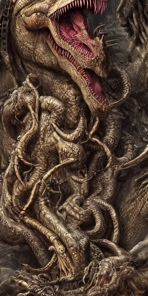 Image similar to Dinosaur vs medusa gorgon, realistic, detailed, highly detailed, hyper detailed, high definition, beautiful composition, trending on artstation, award-winning photograph, masterpiece, intricate, portrait, 8k highly professionally detailed, HDR, CGsociety