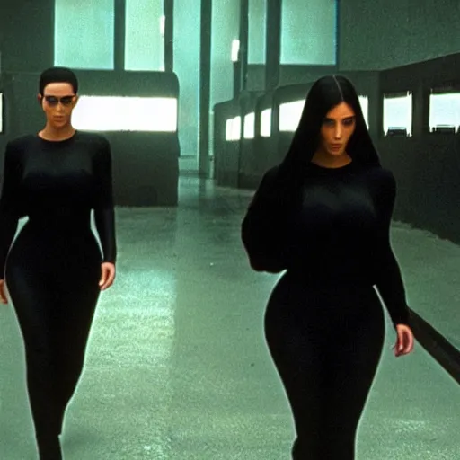 Image similar to movie still of kim kardashian starring as trinity in the matrix 1 9 9 9 movie