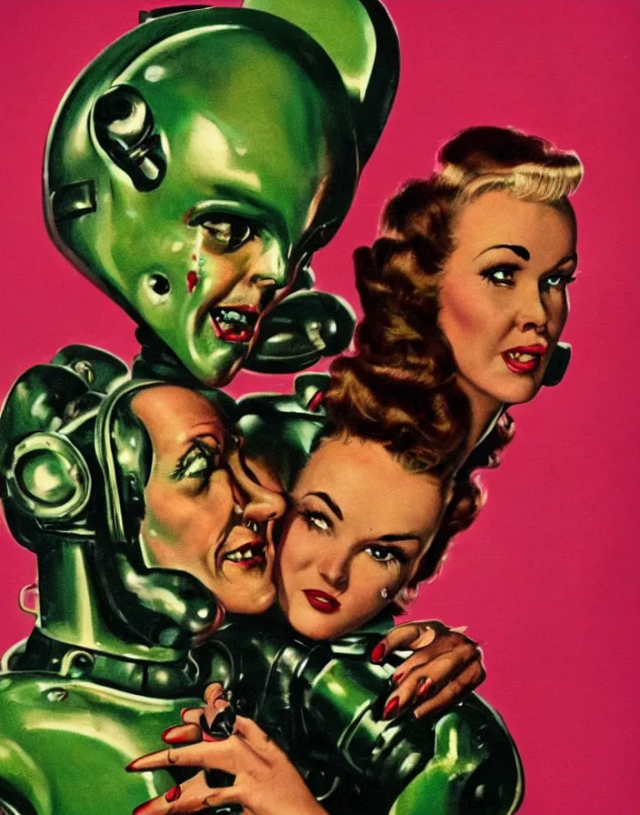 Image similar to a female housewife!!!! being hugged by a manly metal - suited!!! robot!!!!, 1 9 5 0 s horror film movie poster style, ( norman rockwell oil painting ), close - up, tight shot, retro science fiction, vintage, saturated pink and green lighting, shadowy lighting, cohesive!!, photogenic!!