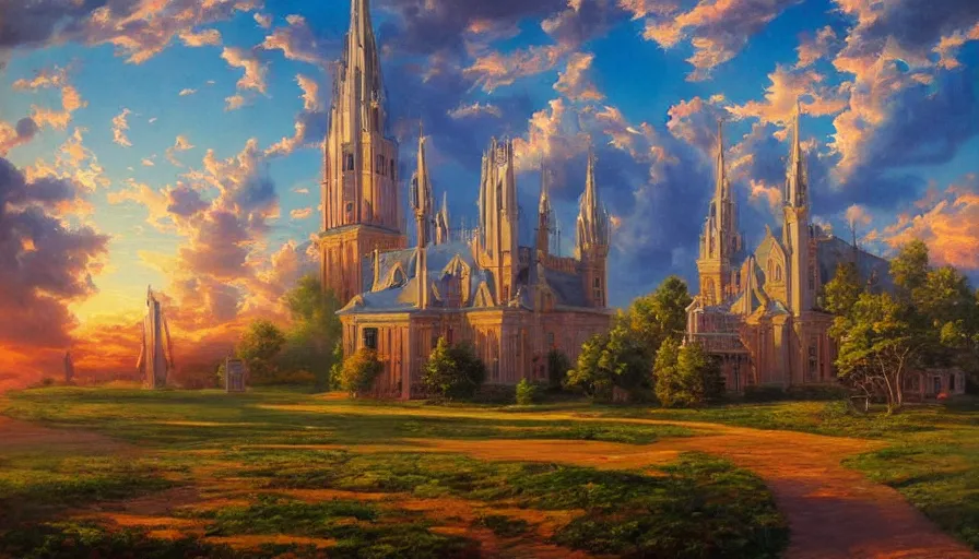 Prompt: Beautiful monumental mansion with fractal towers and spires, ribbon clouds, oil painting, hyperrealistic, sunset