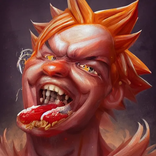 Image similar to portrait of a young rugged goku hot dog, extra onions and ketchup, luscious with sesame seeds, handsome, D&D, fantasy, intricate, eldritch, Viking, elegant, highly detailed, digital painting, sweaty meat, artstation, concept art, matte, sharp focus, illustration, art by Anna dittmann